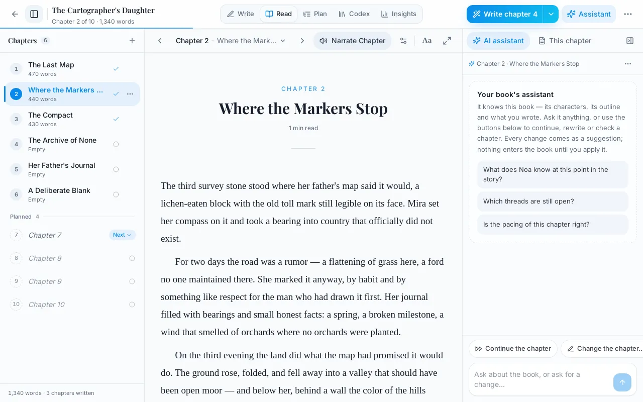 The reading view on a finished chapter, with chapter navigation