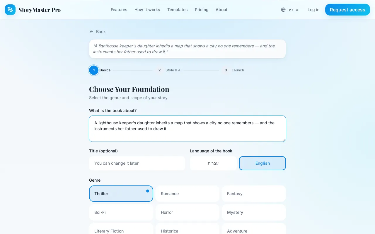 Guided setup for a new book, with the author’s idea typed in