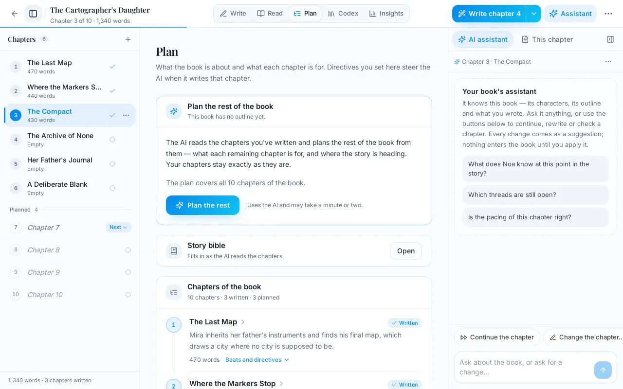 The book’s plan view: per-chapter outline with beats and directives