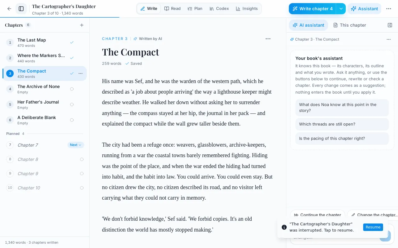 The StoryMaster Pro studio: a chapter open in the manuscript editor with the book plan and assistant beside it